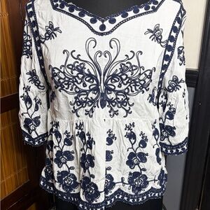 Embroidered White and Blue Women's Top